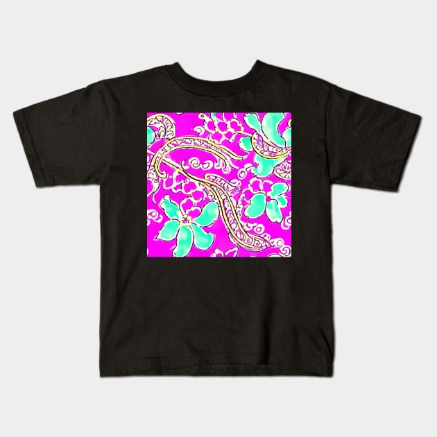 Gold scrolls and turquoise flowers on hot pink Kids T-Shirt by SophieClimaArt